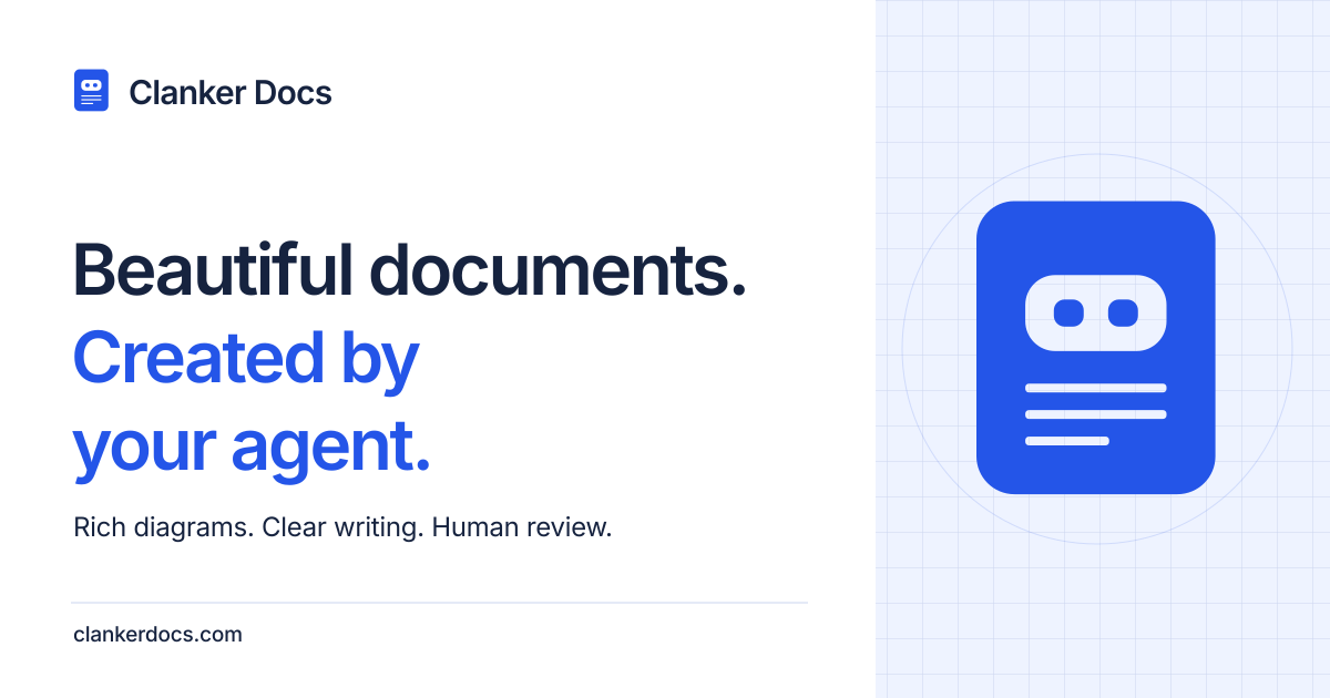 Clanker Docs — Beautiful documents. Created by your agent. The Solid logo on a Blueprint grid.